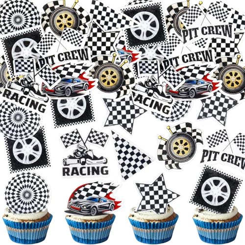 40PCS Edible Race Car Cupcake Toppers Racing Car Party Decorations Baby Shower Drink Topper Boy Children Birthday Party Decorations Racing Theme Party Cake Cupcake Decorations (black white)