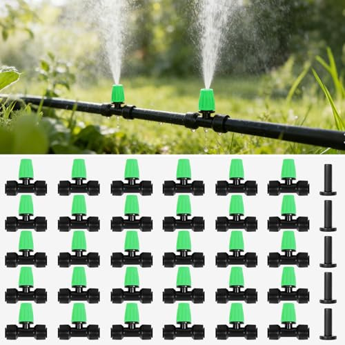 HOINCO 30 Pcs Push-to-Fit Drip Irrigation Spray Emitters,Adjustable Water Flow Atomizing Nozzle with 4 End Plugs,for Drip Watering System in Patio Planters Garden Watering Systems. (Green)