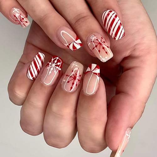 Lot de 24 faux ongles de Noël à presser - Motif flocon de neige et rayures de bonbons - Brillant et réutilisable - Avec adhésif en gelée - Pour les vacances d'hiver
