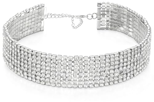 FdcLixuvol Rhinestone Choker Silver Sparkling Choker Necklace for Women Sparkly Crystal Rhinestone Wide Chokers Adjustable Iced Out Jewelry Necklace for Bridal Wedding