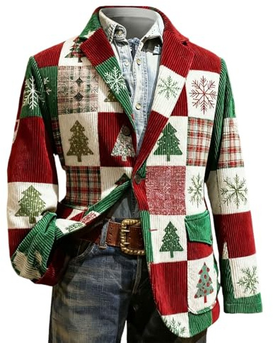 Generisch Giacca da uomo per Natale, Giacca in corduroy da uomo, Giacca natalizia con motivo natalizio, Abito da cerimonia, Motivo natalizio, Giacca natalizia, Abito festivo, Risvolto, Blazer da festa