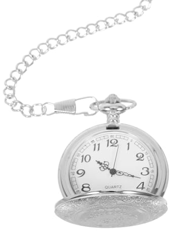 TEHAUX Vintage Taschenuhr mit Kette, Mechanisches Handaufzugswerk, Silber | Klappdeckel, Klassische Gravur, Legierung und Kunststoff, für Formelle und Legere Anlässe, Damen und Herren