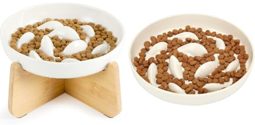 PETTOM Anti Schling Napf Katze Set: Erhöhter Keramik Antischlingnapf + Melamin Antischlingnapf (2er Pack)