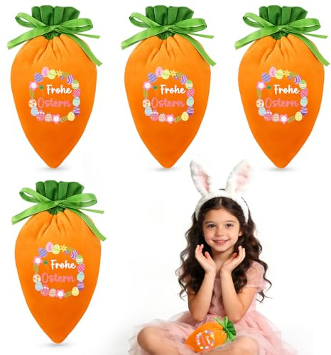 AUGSUN 4er Set Karotten,Beutel mit Zugband - Velours Osterbeutel zum Befüllen, Personalisierte Ostergeschenkverpackung mit Frohe Ostern Aufdruck