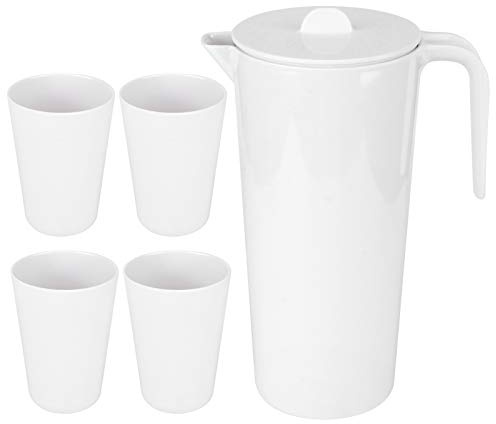 1700ml Wasserkanne mit 4 Tassen Set, Melamin, Weiß, Große Kapazität für Zuhause und Gastronomie - Langlebig, Leicht zu Reinigen, Vielseitiger Einsatz