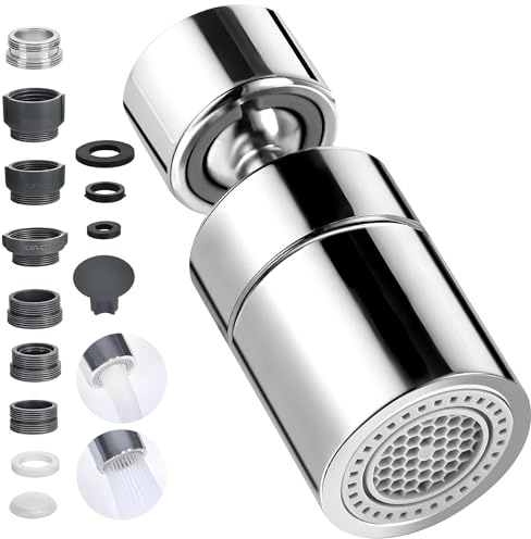 Oiieco Accessorio per Rubinetto 360° girevole, 2 tipi di getto, risparmio idrico, prolunga per rubinetto, adattatore da M22 a M24, rubinetto orientabile per aerazione per cucina e lavandino (Argento)