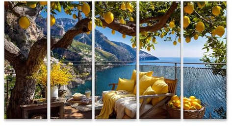 islandburner Bild auf Leinwand Balkon mit Zitronenbaum und Meerblick - Wandbild für Wohnräume - 5-teilig XXL