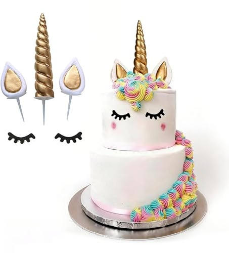 Kit de 6 Toppers para Tartas de Unicornio Dorados, Adornos de Tarta de Cumpleaños con Cuernos, Orejas y Pestañas para Decoración de Bodas y Fiestas Infantiles, Decoración Unicornio Cumpleaños Niña