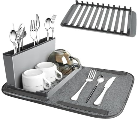 Generisch Scolapiatti 2 in 1 in microfibra (41,5 × 33 cm), set scolapiatti da cucina con design pieghevole, super assorbente con porta utensili, supporto per stoviglie per piano di lavoro, camper e
