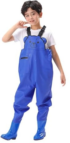Vadderingsbyxor för småbarn vattentät fiske jakt med stövlar utomhus sparkbyxor jumpsuit för pojkar 3 16 år, blå, 5-6 år