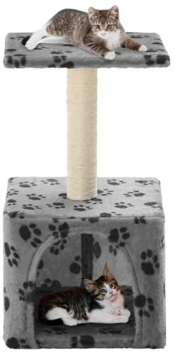 sephironlbb Arbre à chat en sisal - 55 cm - Gris - Avec imprimé pattes - Surface de couchage en peluche - Colonne à gratter et grotte - Structure en bois solide pour s'amuser et entretenir les griffes
