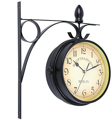 Samger Vintage Bahnhofsuhr Doppelseitig Wanduhr, Wasserfest Outdoor Garten Uhr, Bahnhof mit Halterung, Retro, 29cm, Batteriebetrieben, Groß Uhr für Drinnen und Draußen, Schwarz