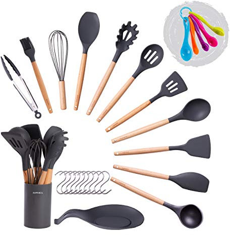 Cooking Utensils Set, Kitchen Utensils Set, Including Measuring Spoon Set, Placing mat, Utensil Holder, Silicone Kitchen Utensil Set (Night Grey)