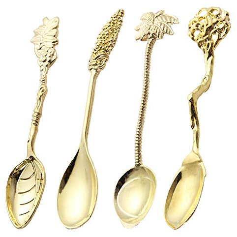 Fun Teaspoon Set, Gold Royal Tea Spoon Gift Coffee Spoons in Coconut Tree/Leaves/Branches/Mulberry Shape for Dessert Sugar Ice Cream(4 pcs)