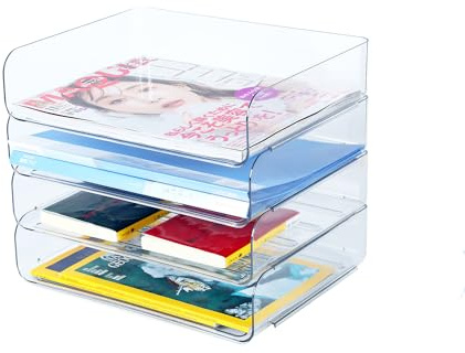 HKeeper Vassoi di carta impilabili,Porta lettere, Vassoi corrispondenza e supporti, vassoio per accessori da scrivania,supporto per carta A4,forniture,ricevute((Confezione da 4,trasparente)
