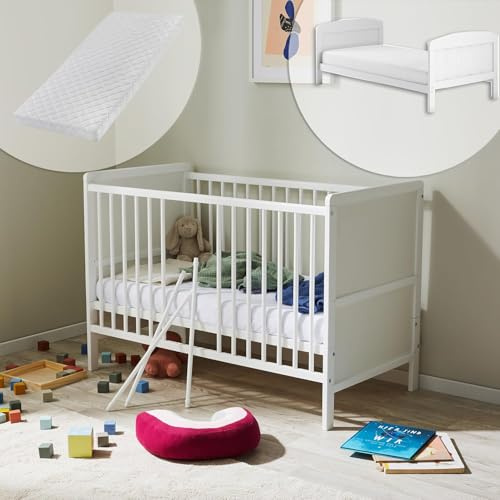 Kids Collective Lit convertible en lit pour enfants 60 x 120 cm avec matelas, sommier à lattes et protection anti-chute en bois massif 120 x 60 | blanc, très stable Fabriqué en Europe