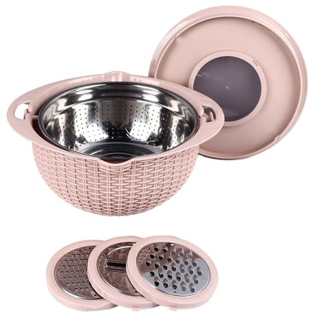 Tnfeeon Bol de Lavage de Légumes 4 en 1, Passoire Rotative avec Outils de Tranchage et Passoire, Poignée Ergonomique en Acier Inoxydable pour une Utilisation Polyvalente en Cuisine,