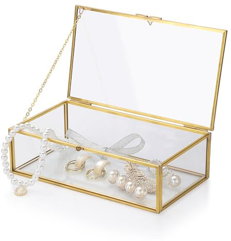 OGANAZI Vintage-Glas-Aufbewahrungsbox, goldene Glas-Aufbewahrungsbox mit Deckel, rechteckige Kosmetikbox mit Deckel, 19,8 x 10,9 x 6,3 cm, Schmuck-Display, Organizer, Heimdekoration, Akzente,
