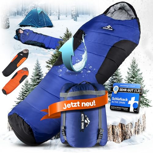 ACTIVE SPARK Schlafsack Winter & 3 Jahreszeiten, Wasserabweisend & Atmungsaktiv, Nie mehr kalte Füße dank Taschenwärmer-Tasche, Schlafsack bis -20 Grad, Hüttenschlafsack, Camping, Outdoor sleeping bag