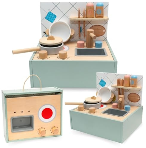 Mamabrum Mini cucina giocattolo in legno con accessori - cucina giocattolo pieghevole con lavello, piatto, pentola, casseruola, giocattolo educativo da 3 anni
