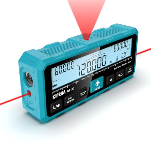 Kiprim 120m Télémètre Laser Double DR120 avec Émission Laser Bidirectionnelle, Ligne de Marquage Laser Verticale et Niveau à Bulle Électronique, Mesure en Mètres, Pieds et Pouces