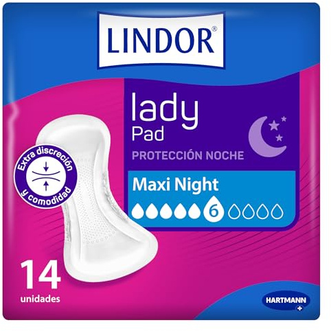 Lindor Lady: Compresas para Mujeres con Pérdidas de Orina, Maxi Night, Protectores y Absorbentes para Incontinencia, 14 unidades