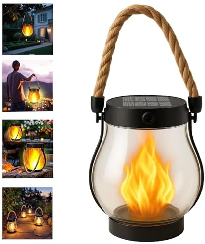 OKESYO Solar Laterne mit Tanzende Flammen, Solar Lampe Outdoor Hängend, Campinglampe Solar Garten für Außenbereich,Terrasse, Veranda, Balkon