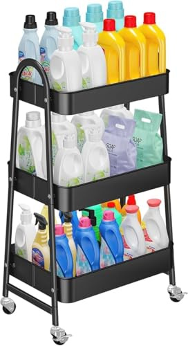 AMD Nexus Metal Storage Trolley - 3 Tier Trolley on Wheels, Kitchen Trolley, Vegetable Rack, Storage Utility Cart, Rolling Storage Rack for Kitchen Makeup Bathroom Office (Black)