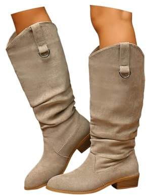 PAIDAXING Stivali da donna pieghevoli in pelle scamosciata al ginocchio a punta con tacco basso stivali da equitazione western alla moda da donna impilabili comodi casual autunno inverno cowboy