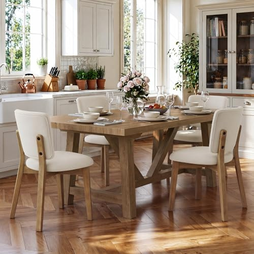 LUE BONA Esszimmerstühle 4er Set, Leinen-Optik Polsternder Stühle Esszimmer mit Fester Rückenlehne, Modern Küchenstühle Gepolstert, Stoff Essstühle mit Back und Holzbeinen für Esszimmer, Beige