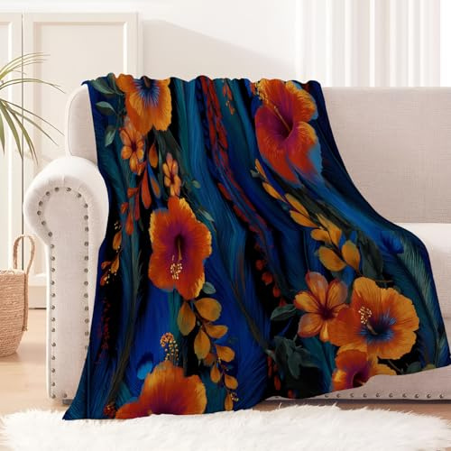 GSAEIMCT Arancione-Blu Fiori Di Piume Coperta Stampata In Piante Testurizzate Morbida E Accogliente Per Bambini Ragazzi Adulti Coperta Solida Per Letto E Divano 220X240Cm
