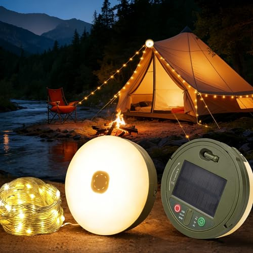 Camping Lichterkette Aufrollbar, Solar & USB Doppelaufladung 10m Wasserdicht LED Lichterkette, 8 Beleuchtungsmodi für Camping, Hof, Garten & Außenbereich
