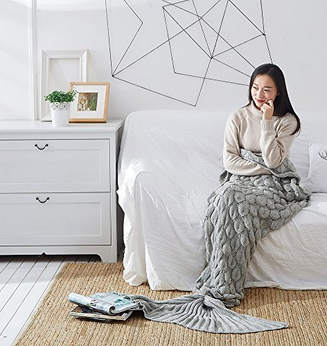 Handgefertigt Strick Meerjungfrau Schwanz Decke Kuscheldecke Warm Bett Decke Sofa Bettdecke Wohnzimmer Schlafsack für Kinder 140cm Grau