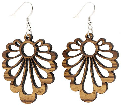 NaturSchatulle Träsmycken örhängen damer träörhängen hängande dahlia 3,6 cm naturligt trä örhängen smycken 925 sterling silver e silver, colore: BRUN, cod. N10371.3