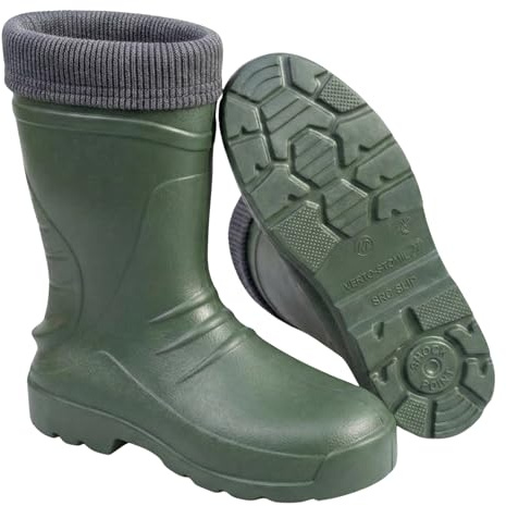 VERTO Botas de goma EVA para hombre, calcetines interiores de forro polar hasta -30 °C, caña alta, suela SRC antideslizante con perfil a prueba de pisadas, verde, 42 EU
