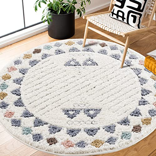 payé Teppich Rund Wohnzimmer - Hochflor - 120x120cm - Ethno - Skandinavisch - Pastell Cream Multi - Modern Raute Muster - Flauschig - Kinderteppich Schlafzimmer Dekoration