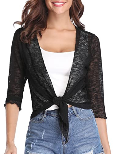 Gyabnw Women Short Sleeve Cardigan Tie Front Shrugs Sheer Lace Bolero Summer Lightweight Jacket for Dress Beach Coverups