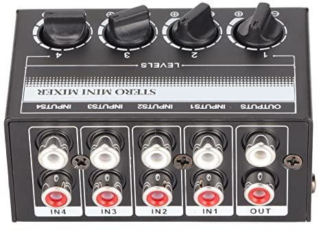 Professionelle Audio Mixer Konsole, 4 Kanal Digital Passiv Mixer, Eingang und Ausgang, Mixer für CD Player, Kassettendecks, Computer, Mobiltelefone, TabletsX