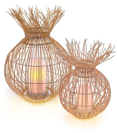 Esotec Solar Windlichter Boho Polyrattan Laternen 2er Set Praya 102277 | Solar Windlichter Garten 2er Set, Polyrattan Boho Design, LED bernstein 1800K, bis 6Std, NiMH Akku wechselbar, Flammenlicht