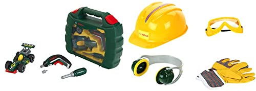 Theo Klein 8395 Werkzeugkoffer-Set Bosch Grand Prix mit Ixolino-Akkuschrauber | Schraubbarer Rennwagen & 8537 Bosch Zubehör-Set | Hochwertige Arbeitshandschuhe, Brille, Ohrenschützer und Helm