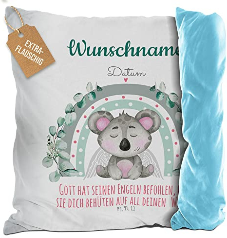 PR Print Royal Flauschiges Kissen zur Taufe mit Name & Datum - Koala - Gott hat seinen Engeln befohlen - Grün, Geschenk zur Taufe, personalisierte Taufgeschenke | mit Kissenfüllung, Rückseite Hellblau