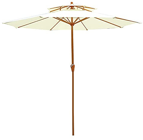 Off-White Double-Top-Sonnenschirm, Eisenimitat-Holz-Gartenschirm, mit Handkurbel, tragbarer wasserdichter Sonnenschirm für den Außenbereich, Café, Terrasse, Schwimmbad, ohne Sockel good