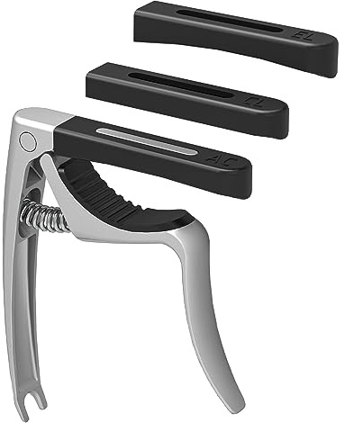 Linrax C3 Kapodaster, 4 in 1 Gitarre Capo mit Bridge Pin Puller, Akustik- und E-Gitarre Kapo für Klassische, Bass, Ukulele, Banjo, Mandoline, 3 Silikonköpfe, Gitarren-Zubehör, Silber