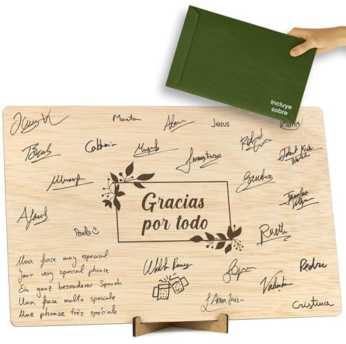 CONTRAXT Tarjeta de agradecimiento madera. Regalo original libro tarjeta de firmas gracias por todo hombre o mujer profesores maestras amigas compañeros trabajo cumpleaños (Gracias)