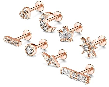 JSDDE 6/8er Rosegold Helix Piercings 16ga 6mm Labret Tragus Knorpel Ohrpiercing Kreuz Blume CZ Ohrringe Ohr Piercing Schmuck für Damen Frauen