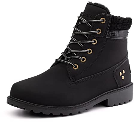 Winter Boots Women Ankle Boots Ladies Snow Boots Cushioned Wide Lace Up Rubber Ankle Boots Comfy Non Slip Warm Cosy Boots Black Size 6 UK
