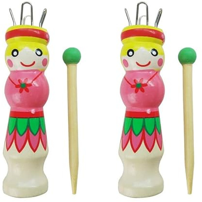 COHEALI Wooden Weaving Tools Set with Hand-Painted Pattern 2 Mini Knitting Dolls and Point Needles for Crochet and DIY Craft Projects