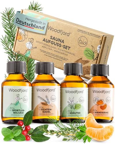WOODFJORD Saunaaufguss Set BIO Aktiv, 4 verschiedene Saunadüfte und -Öle | je 100 ml, Premium Sauna Aufgussmittel Set für authentische Saunaerlebnisse, Das perfekte Saunaduft Probierset