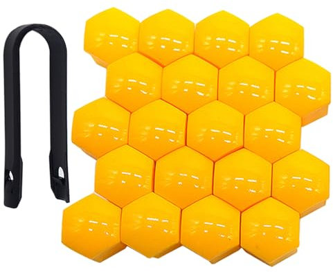 QitinDasen 20 Pezzi 21 mm Auto Ruote Copridado, Tappo Dado Bullone Ruota, Tappo a Vite Mozzo Ruote Auto Universale, Coperchio Dado Pneumatico Esagonali con Strumento di Rimozione (Giallo)