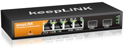 keepLiNK 6 Port 2.5G Switch Smart Web Managed, 4 x 2.5G Base-T Ports, 2 x 10G SFP+ Slots, Support Static Link Aggregation, QoS/VLAN/IGMP, Metall Lüfterlos, Desktop/Wandmontage